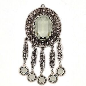 Vintage 70s Goldette Silver Tone Victorian Revival Smoky Quartz Pendant Signed